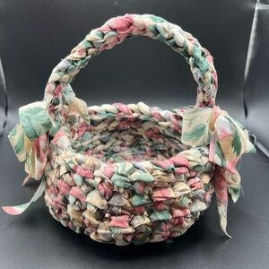 Rag Basket Hand Woven Pastel Bows 90’s Cottage Core